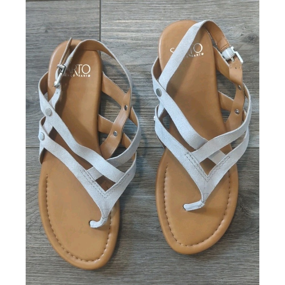 EUC Franco Sarto Women's 8.5 Gretchen Grey Leather Strappy Sandals Flats Studded